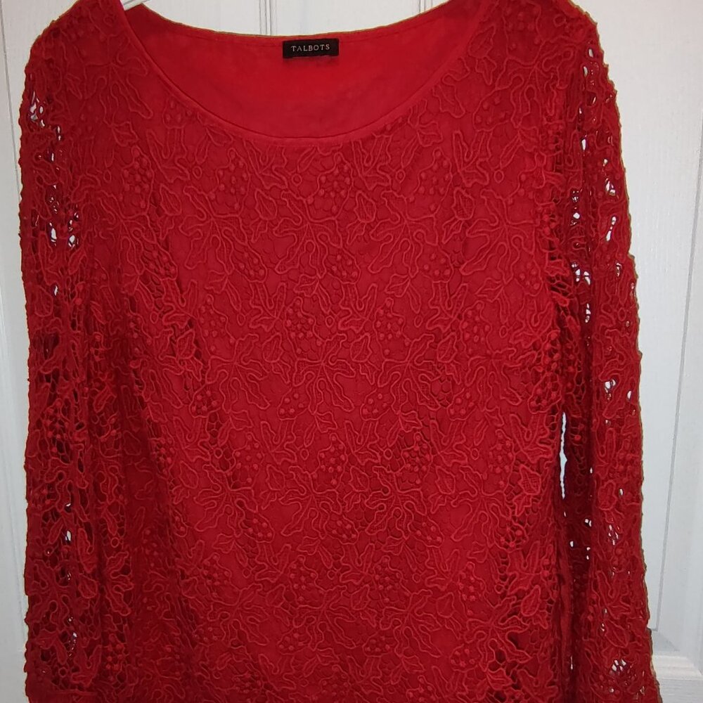 TALBOTS 100% CORDED COTTON LACE TOP LONG SLEEVES COTTON LINED RED MEDIUM